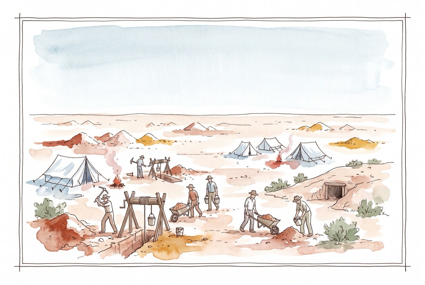Ink-and-watercolour scene of tent camps, miners turning timber hand windlasses, wheelbarrows and low mullock heaps across a bare opal field