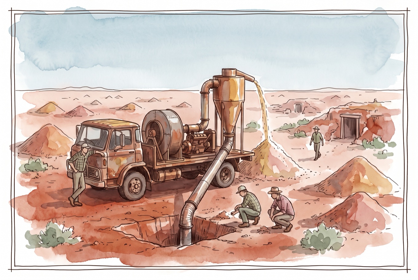 Ink-and-watercolour scene of a weathered cab-over truck carrying a fan and cyclone, with a suction pipe descending into a mine shaft