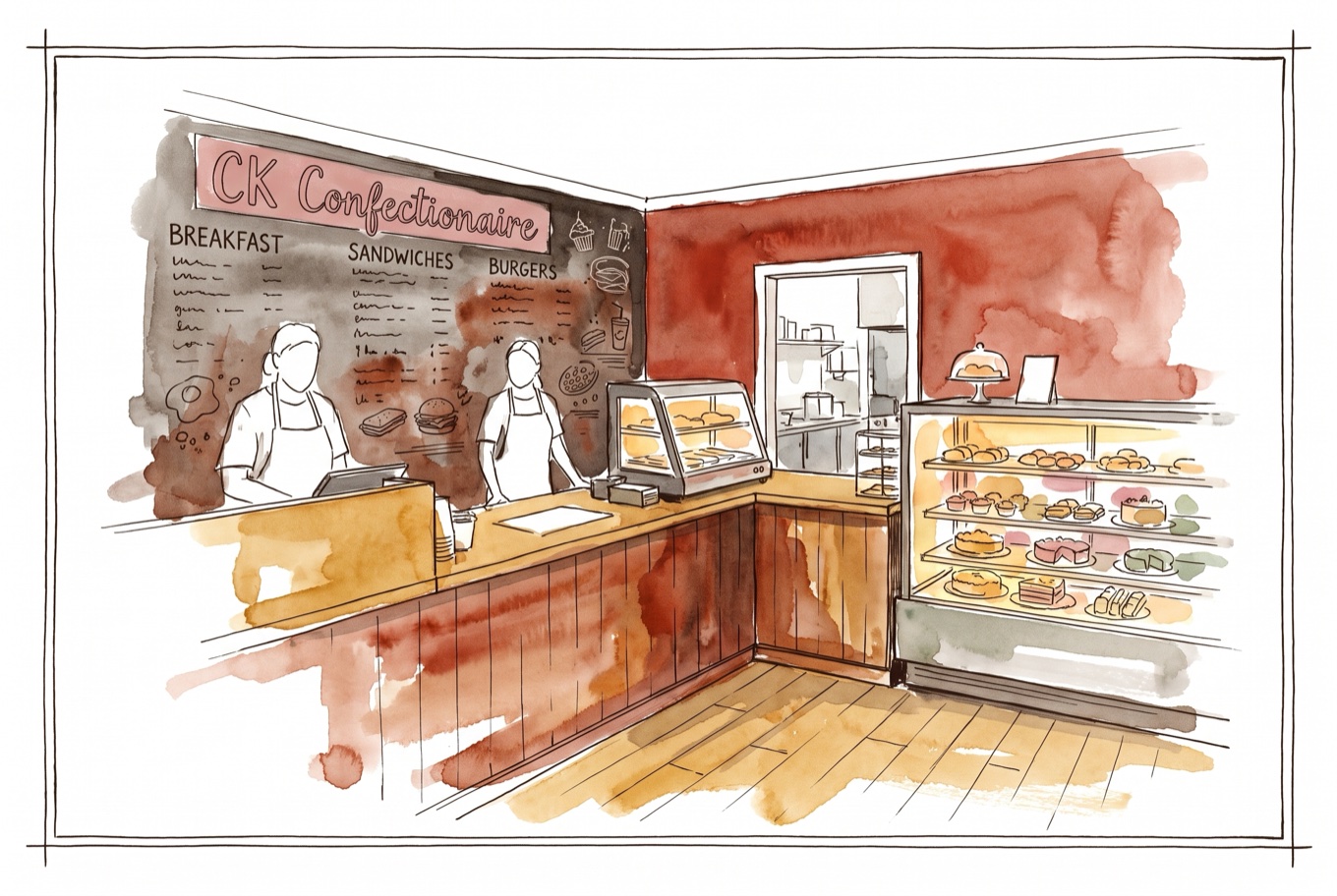 Watercolour field illustration of CK Confectionaire